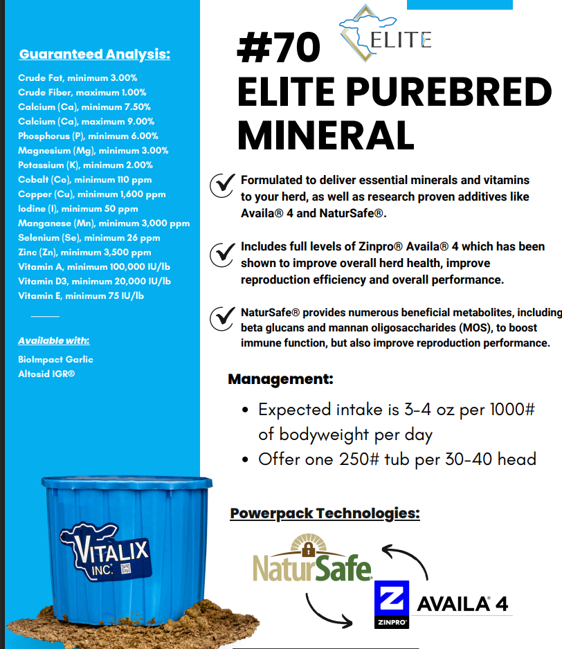 Vitalix #70 Purebred Cow Mineral W/Garlic - 250LB