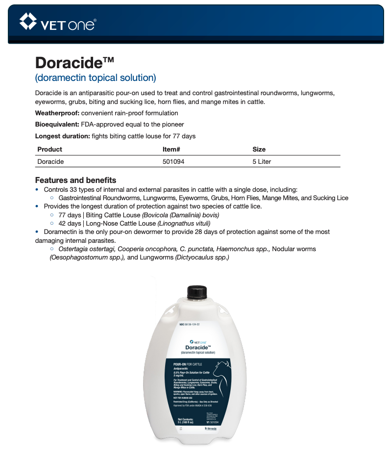 Doracide (Doramectin Topical Solution) Antiparasitic Pour-On - 5 Liter