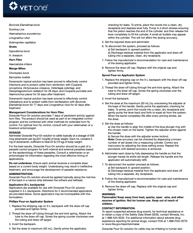 Doracide (Doramectin Topical Solution) Antiparasitic Pour-On - 5 Liter